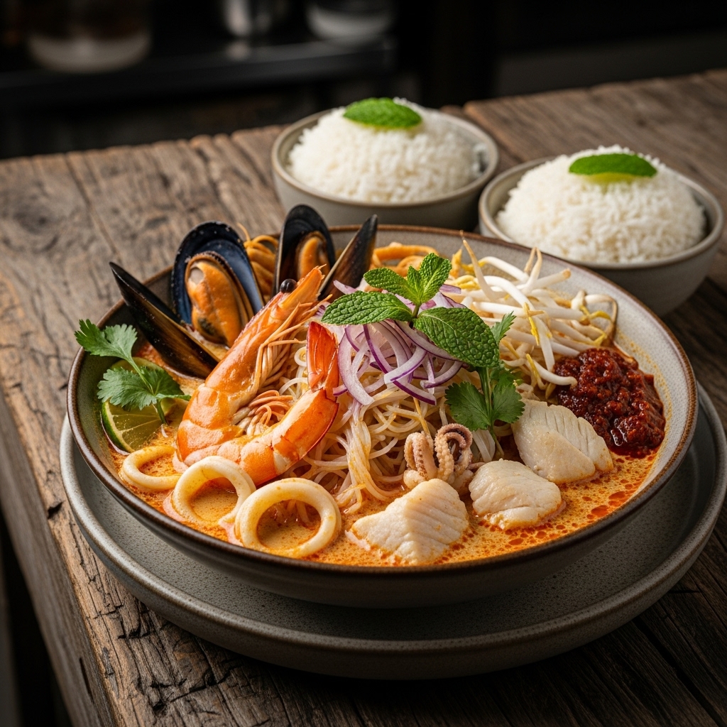 Malaysian Seafood Laksa Soup with Coconut Rice Bowls for Brunch: A Sensory Extravaganza!