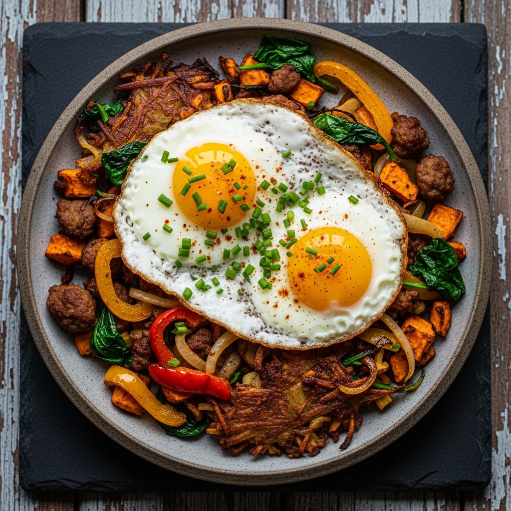 Savory Paleo Southern Breakfast Skillet with Fried Eggs & Crispy Hash Browns