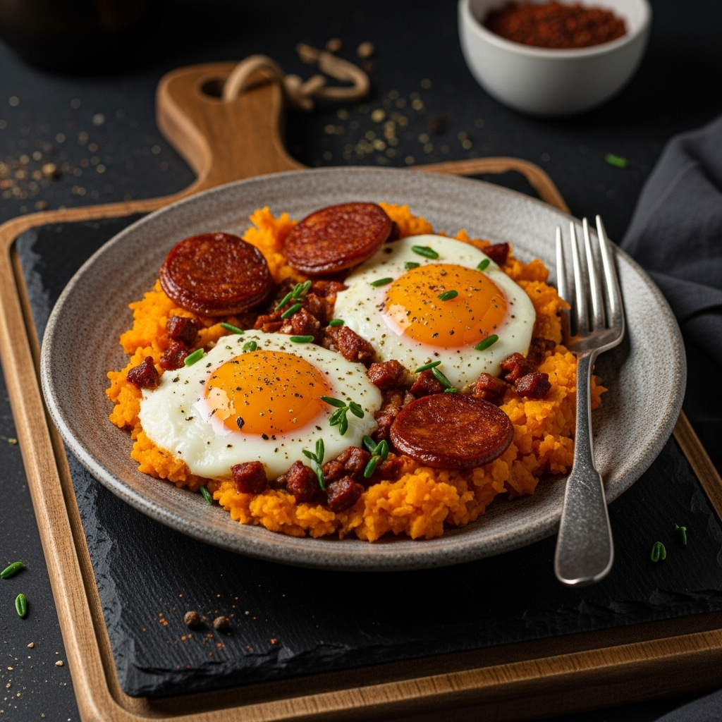 Aromatic Portuguese Brunch Feast: Paleo Baked Eggs with Chorizo & Smashed Sweet Potatoes