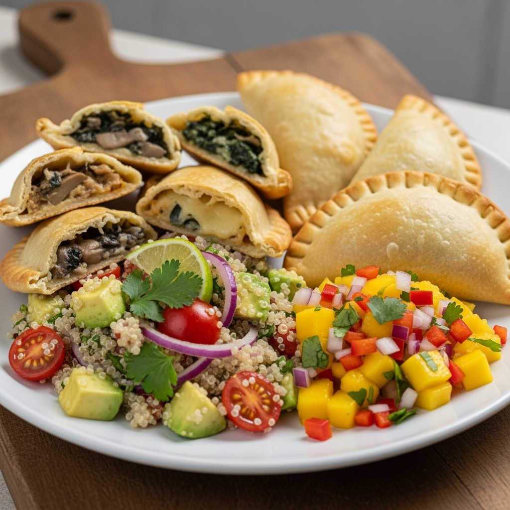 Chilean Vegetarian Lunch Feast: Mouthwatering Empanadas, Creamy Quinoa Salad & Fresh Mango Salsa