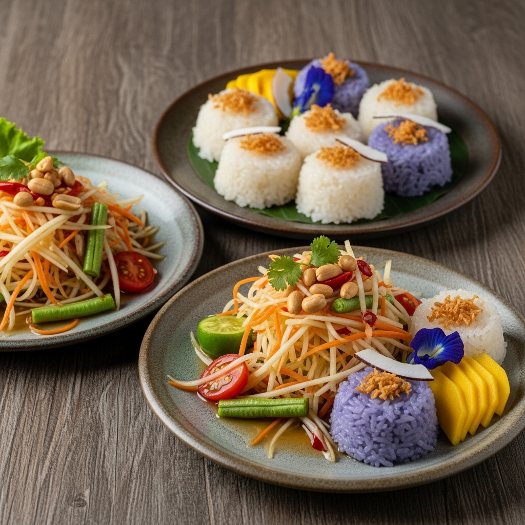 Delightful Vegan Cambodian Breakfast: Fresh Green Papaya Salad and Coconut Sticky Rice