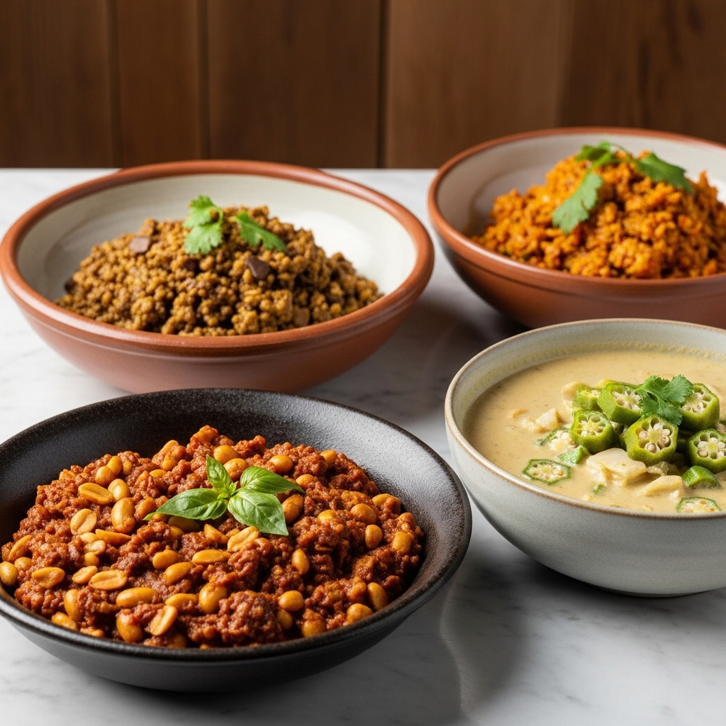 Vegetarian Ghanaian Lunch Feast: Succulent Plant-Based Peanut Stew & Creamy Okra Soup