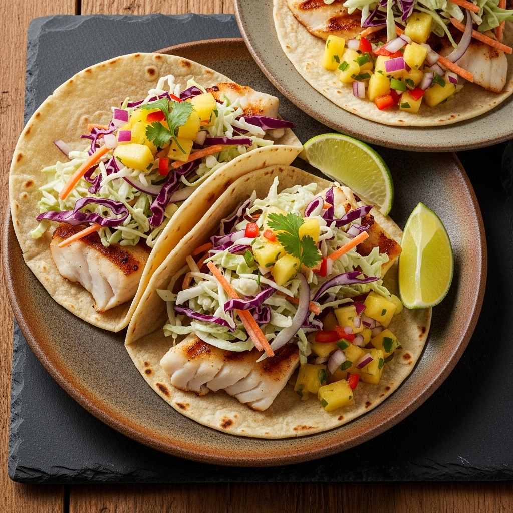 Aromatic Polynesian Lunch: Grilled Fish Tacos with Coconut-Lime Slaw & Pineapple Salsa