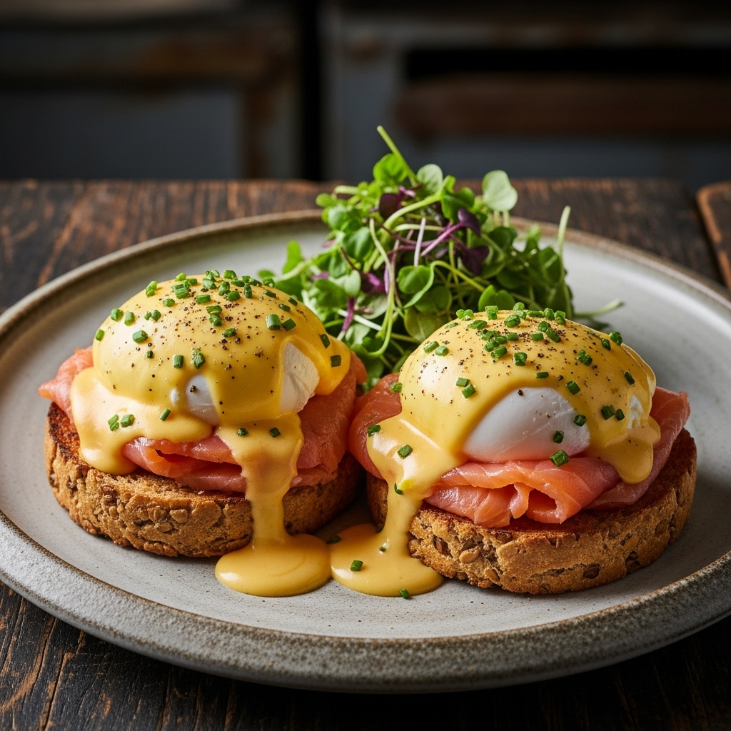 Irish Brunch Delight: Aromatic Smoked Salmon Eggs Benedict with Wholemeal Soda Bread