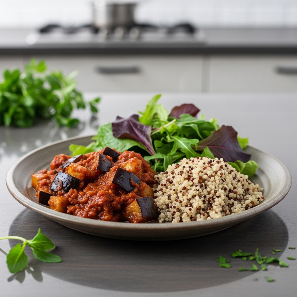 Sumptuous Nigerian Vegetarian Dinner: Spiced Eggplant Stew with Quinoa & Mixed Greens Salad