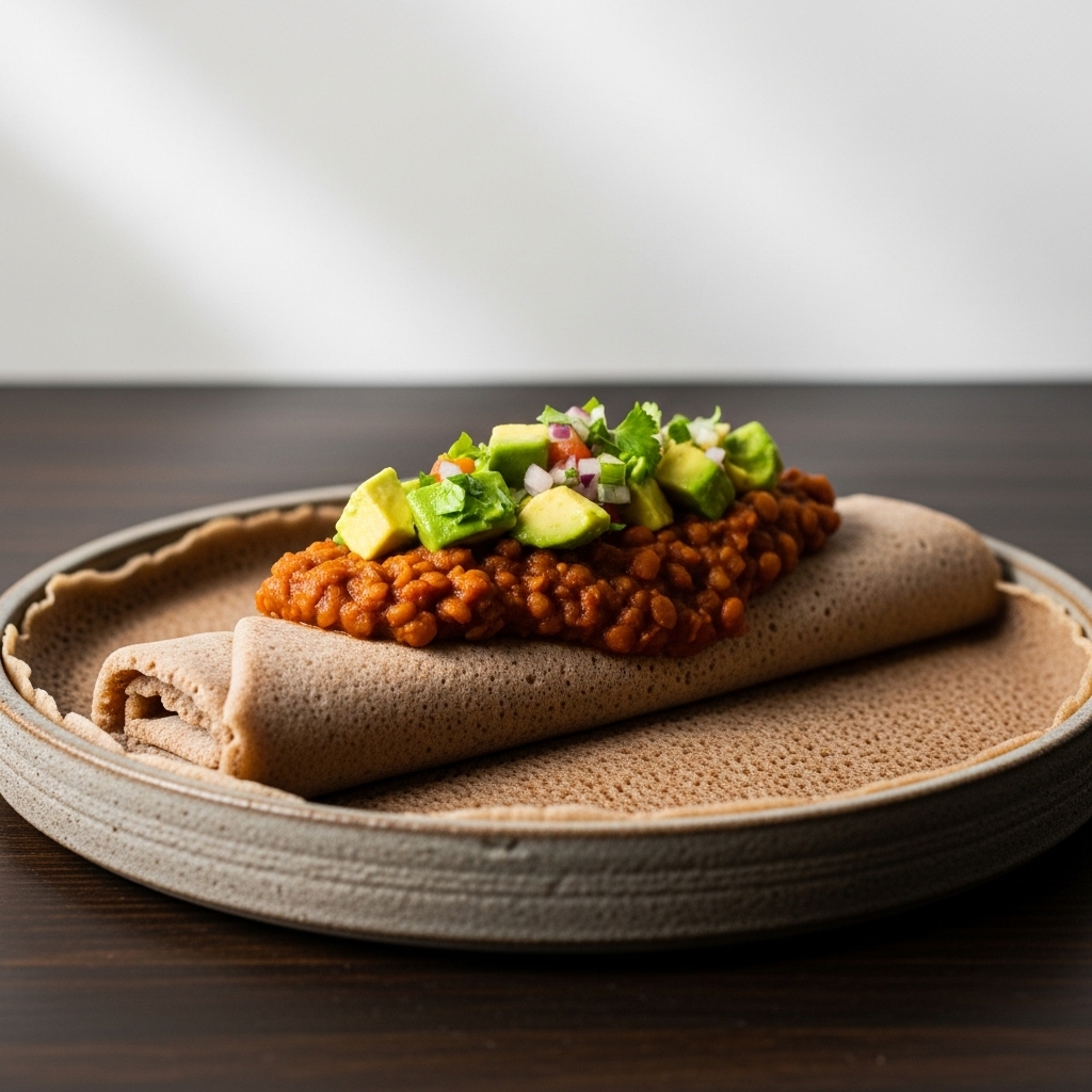 Sensational Ethiopian Vegan Dinner: Miso-Infused Injera with Lentil Stew & Avocado Salsa