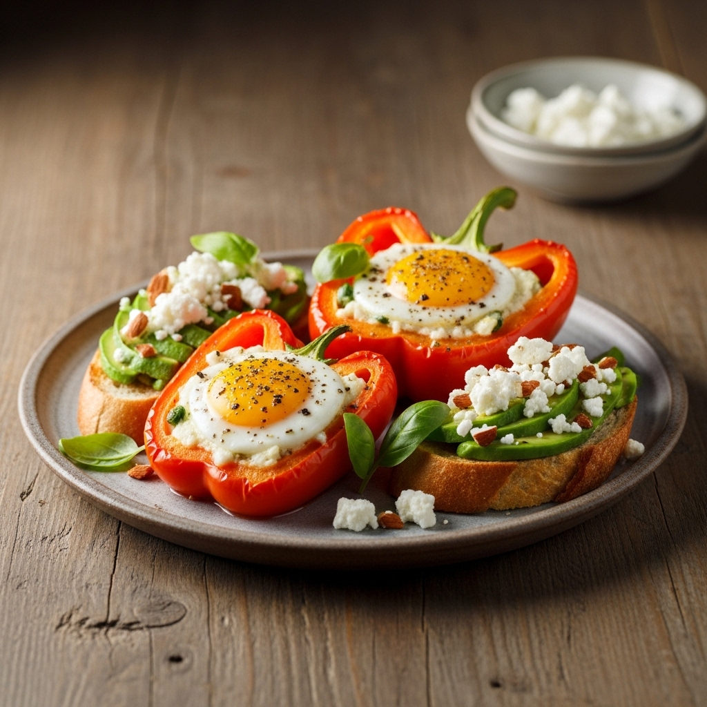 Vegan Italian Breakfast Delight: Eggless Caprese Stuffed Bell Peppers with Avocado Toast and Almond Feta