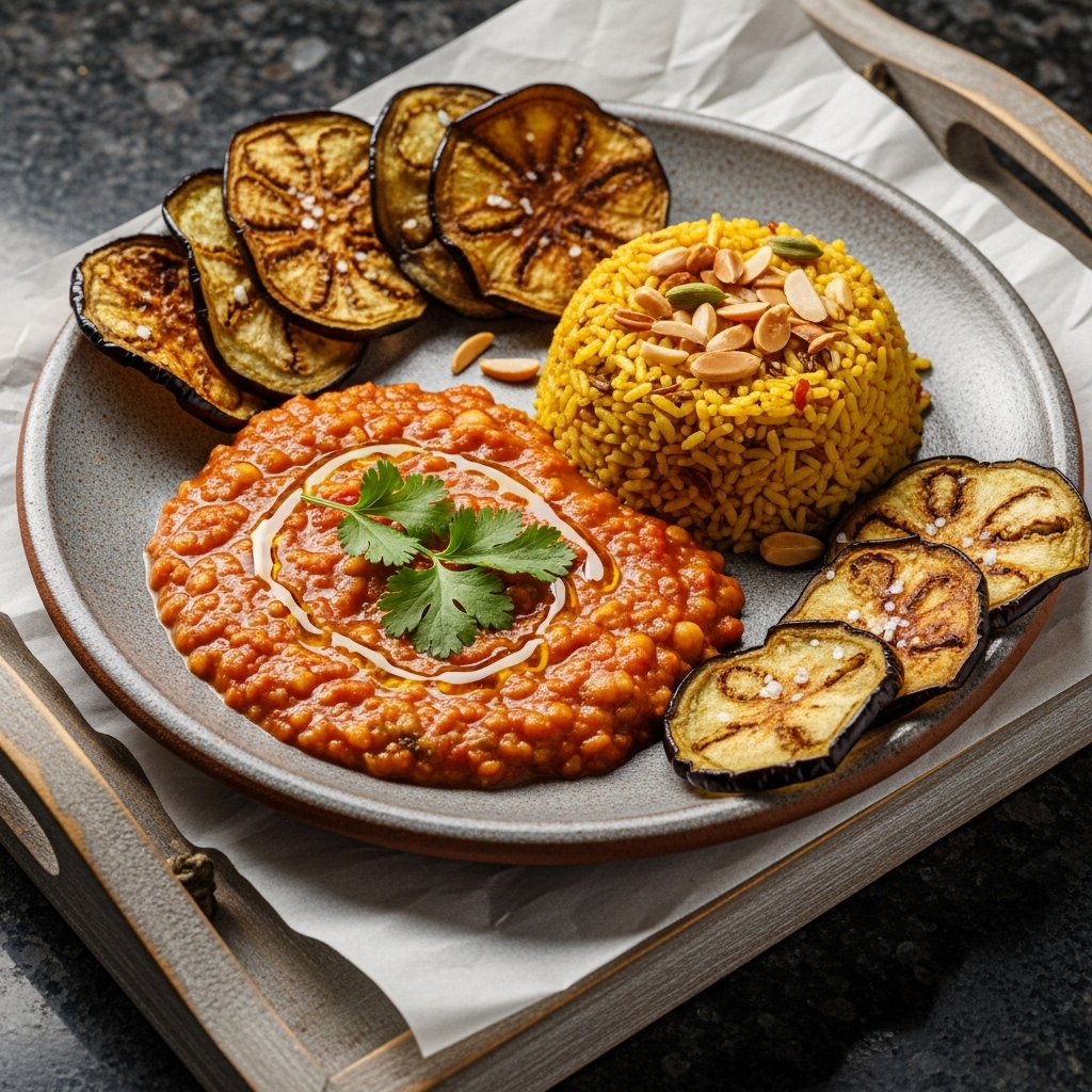 Moroccan Vegetarian Harira Soup with Spiced Rice and Crispy Eggplant Chips