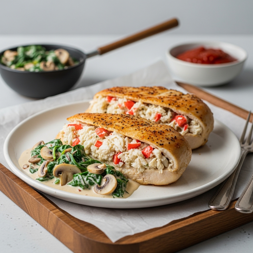🌟 Keto Southern Crab Stuffed Chicken Breast Recipe with Creamy Spinach-Mushroom Sauce 🌟