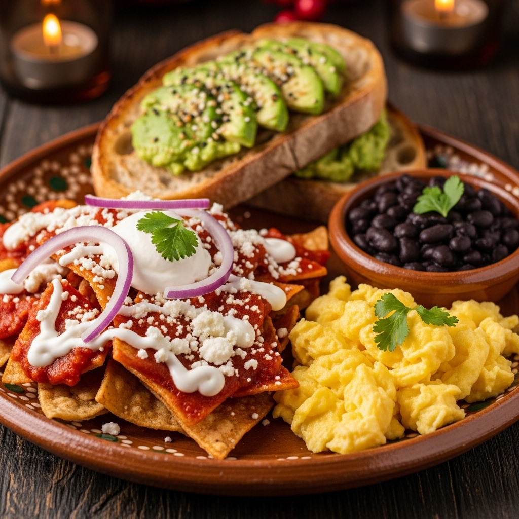 Mouthwatering Mexican Breakfast Fiesta: Chilaquiles, Scrambled Eggs, Black Beans & Avocado Toast