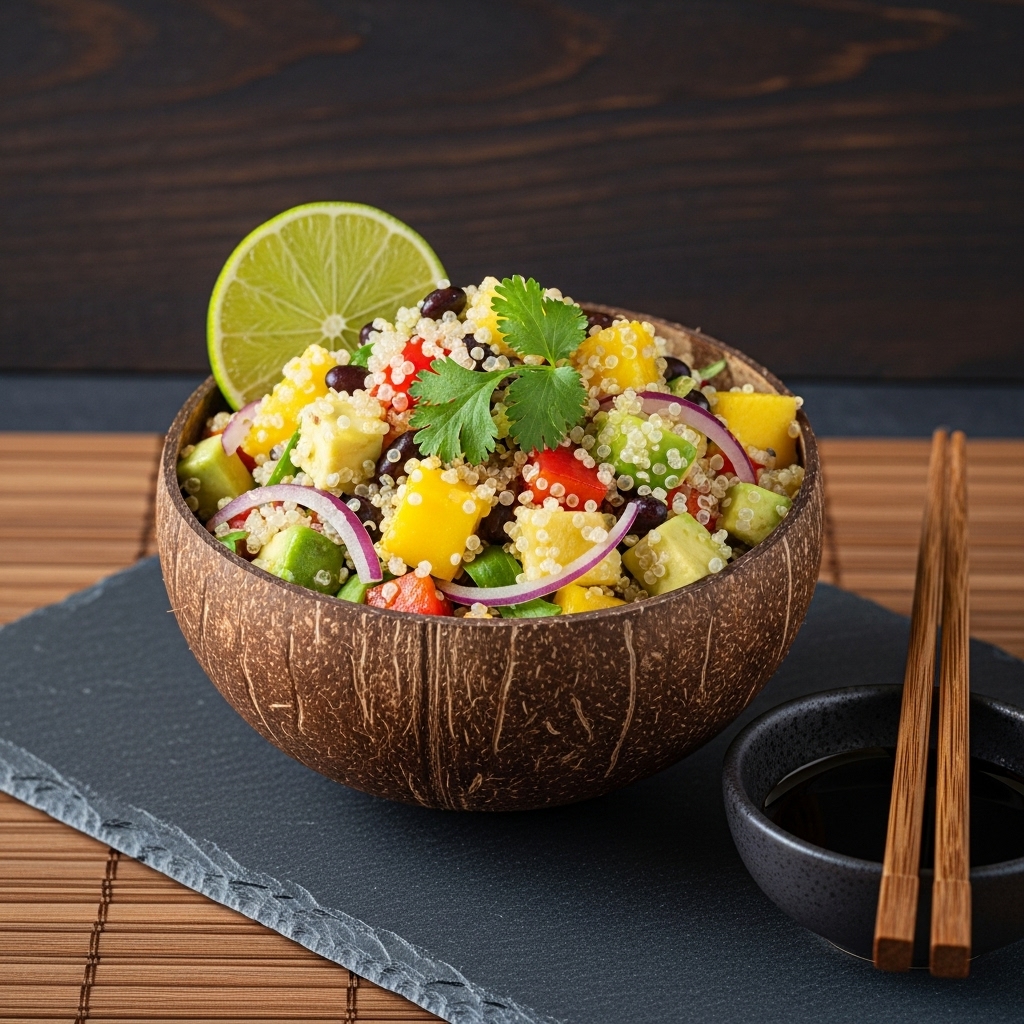 Caribbean Vegetarian Snack: Tropical Quinoa Salad in a Coconut Bowl