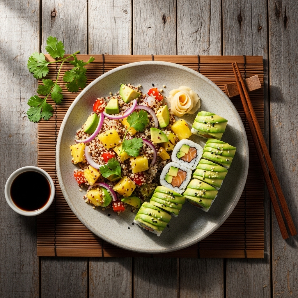 Vegan Hawaiian Lunch: Tropical Quinoa Salad with Grilled Pineapple & Avocado Sushi Rolls