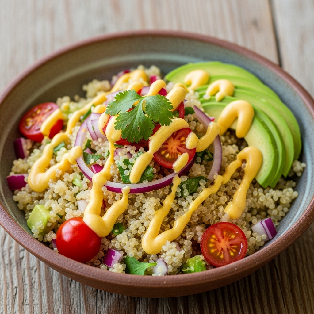 Peruvian Quinoa Ceviche Bowl with Aji Amarillo Sauce & Avocado Slices