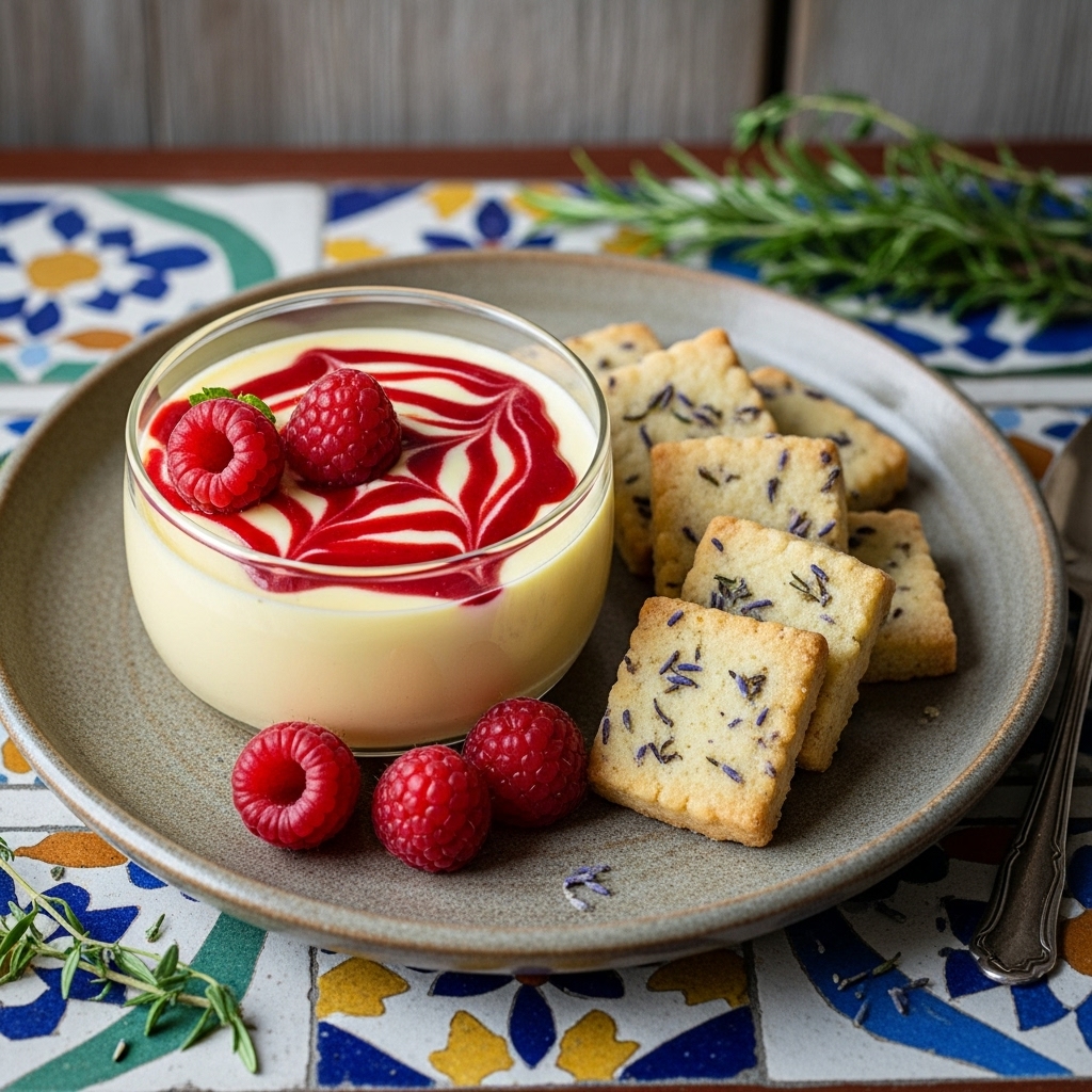 Luscious Lemon Posset with Raspberry Coulis and Lavender Shortbread