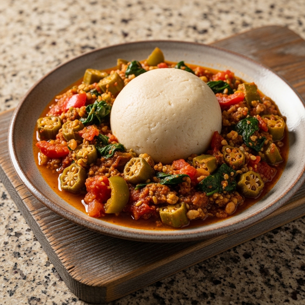 Ghanaian Vegetarian Brunch Delight: Fufu and Okra Stew