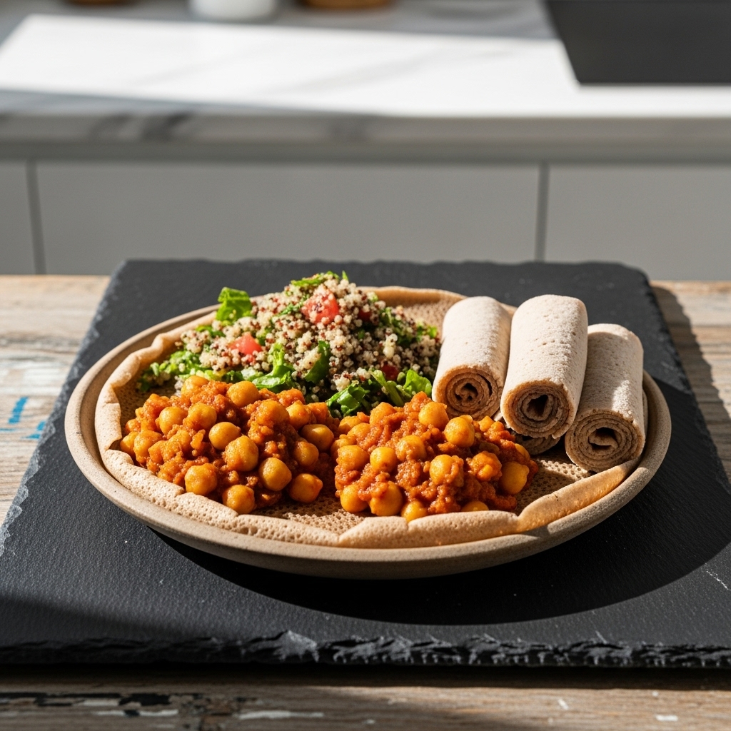 Gluten-Free Ethiopian Injera Lunch Bowl With Chickpea Stew & Quinoa Salad