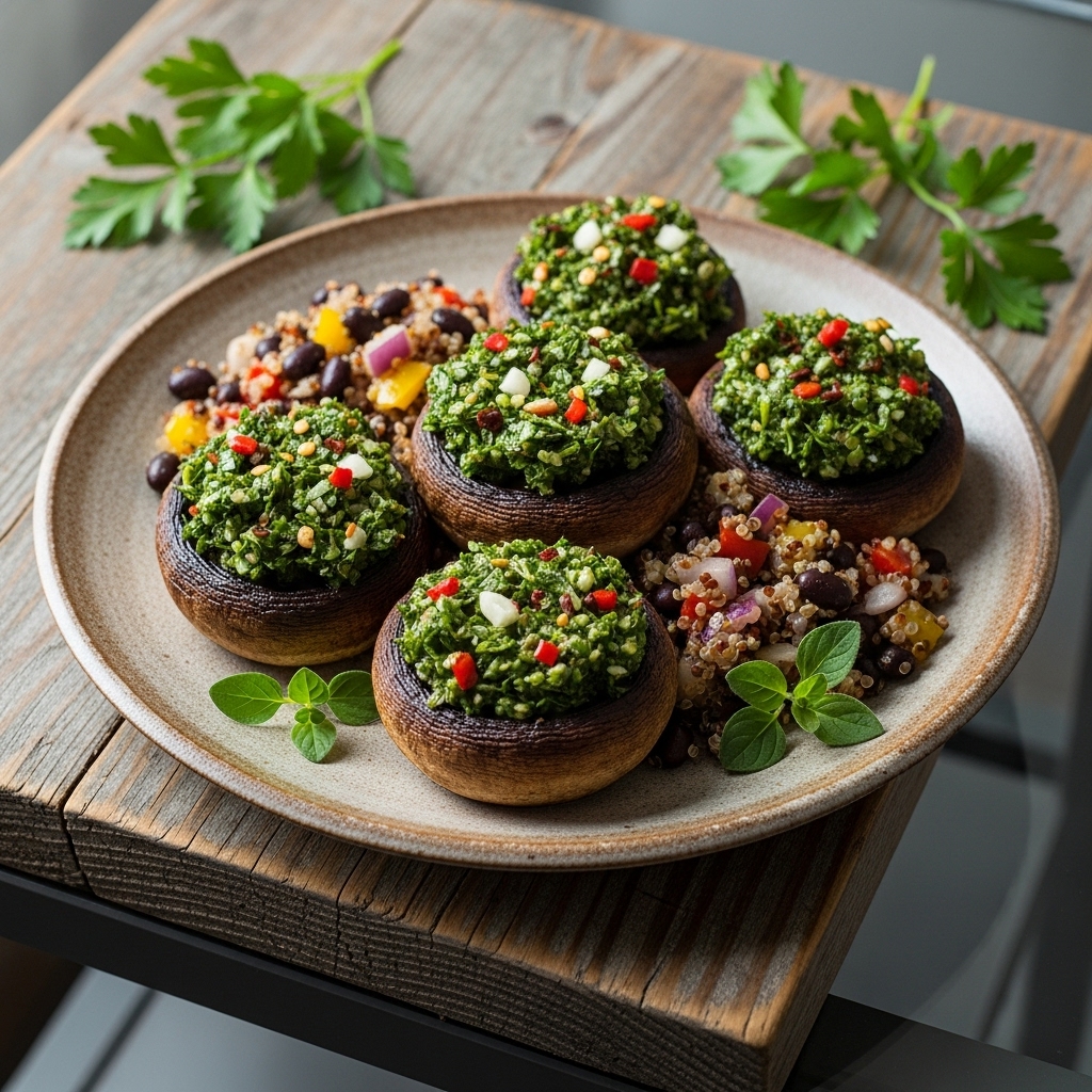 Argentinian Vegetarian Chimichurri Stuffed Portobello Mushrooms with Quinoa and Black Bean Hash