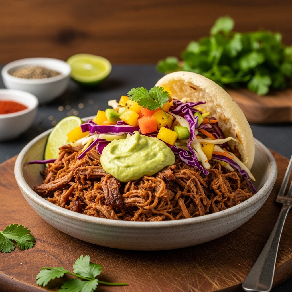 Delectable Venezuelan Paleo Dinner: Shredded Beef Arepa Bowl with Tropical Slaw & Cilantro-Lime Avocado Sauce