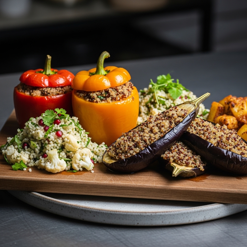 Vegetarian Israeli Feast: Stuffed Bell Peppers, Quinoa-Stuffed Eggplant, and Cauliflower Rice Salad