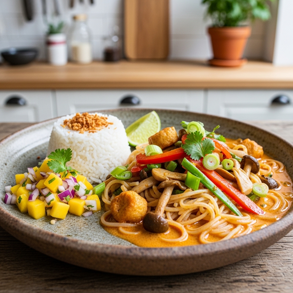 Cambodian-Inspired Vegan Laksa Soup With Coconut Rice and Mango Salsa