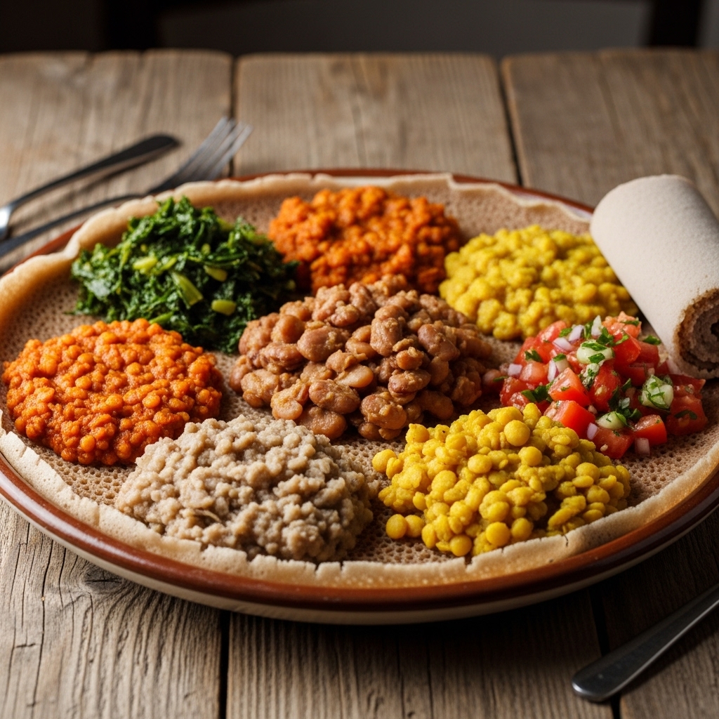 Aromatic Ethiopian Vegan Breakfast Platter: Injera & Tikilish