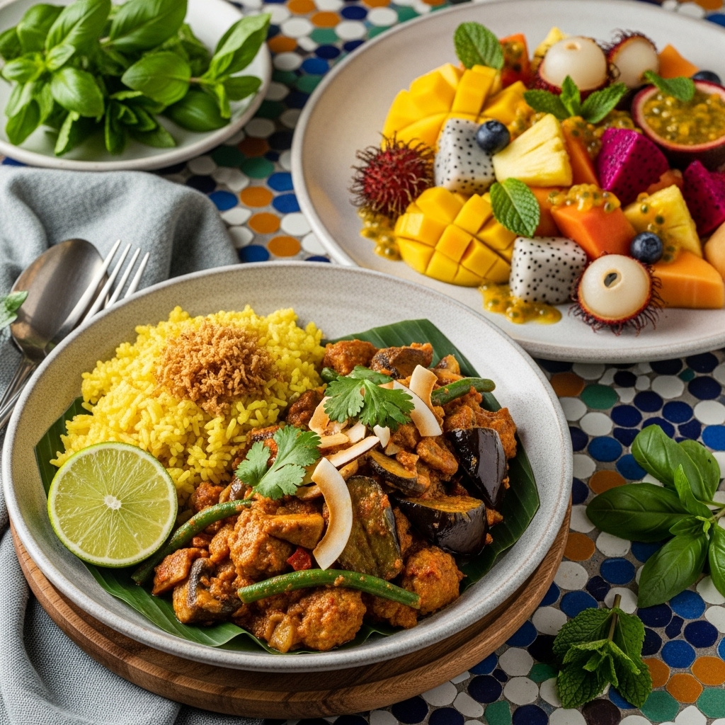 Veggie-Infused Indonesian Brunch: A Mouthwatering Vegetarian Rendang Rice Bowl and Tropical Fruit Salad