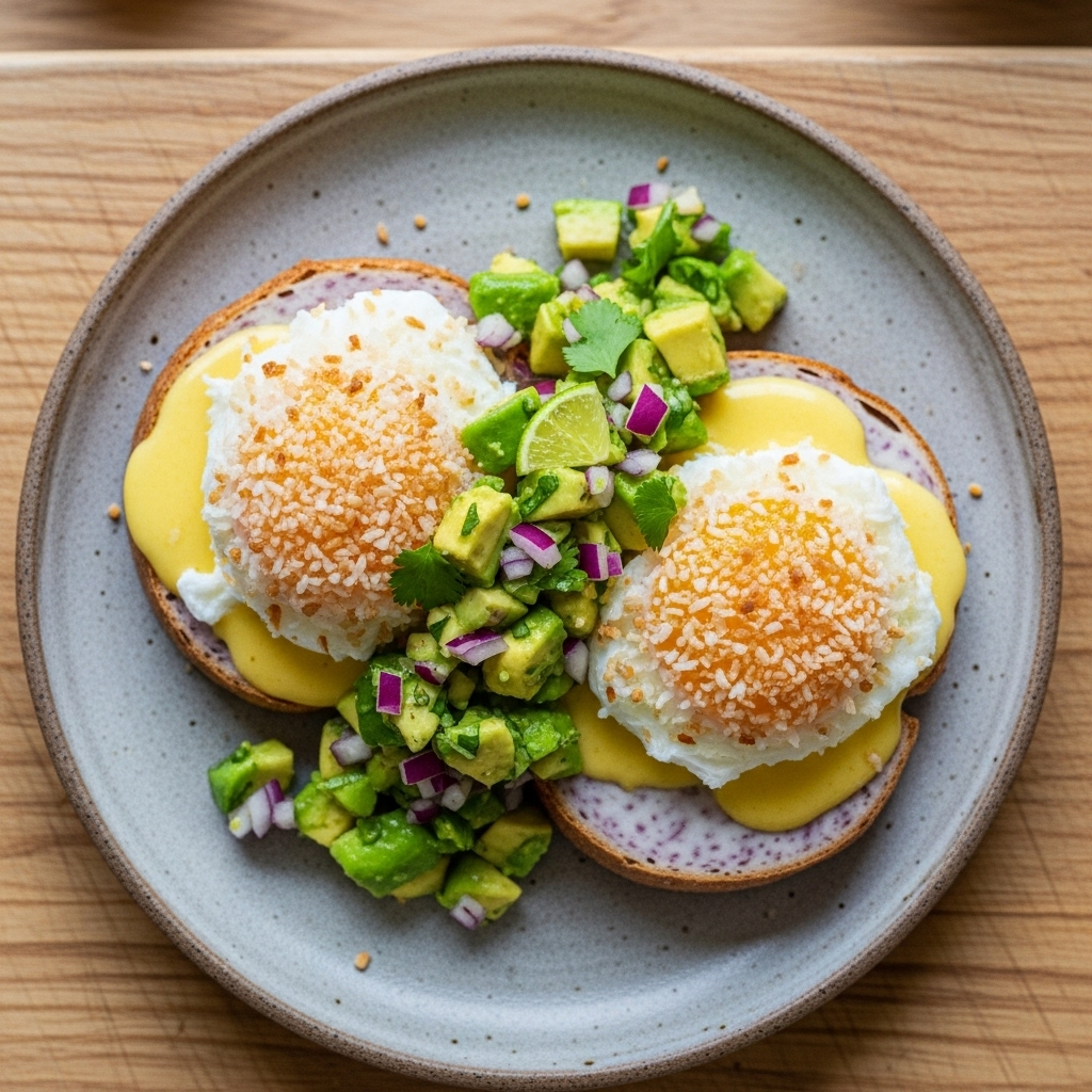 Paleo Tropical Island Brunch: Coconut-Crusted Eggs Benedict on Taro Root Toast with Avocado Salsa