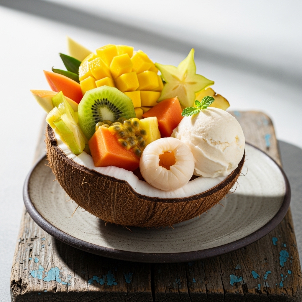 Caribbean Tropical Fruit Salad in Coconut Lychee Sorbet