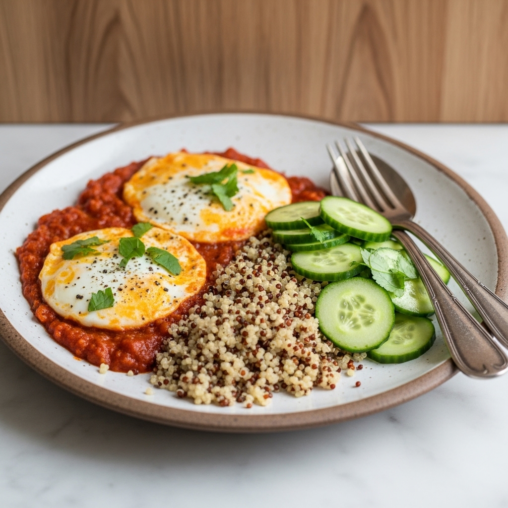 Delightful Persian Paleo Brunch: Herb-Infused Shakshuka with Spiced Quinoa & Zesty Cucumber Salad