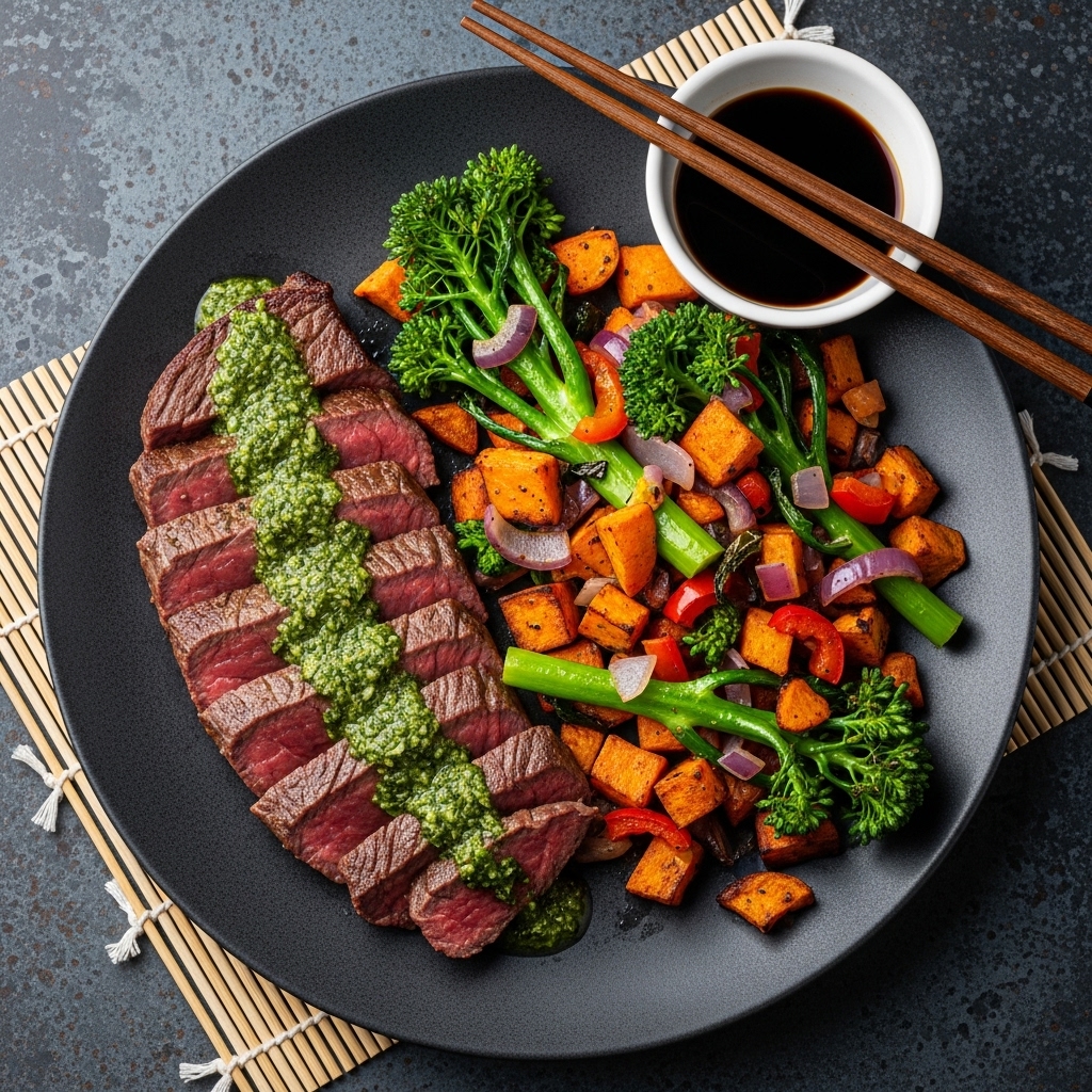 Argentinian Herb-Infused Chimichurri Steak with Roasted Sweet Potato Hash & Broccoli Rabe