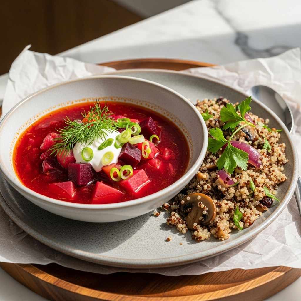 Authentic Vegan Russian Lunch: Vibrant Borscht & Quinoa Pilaf Delight