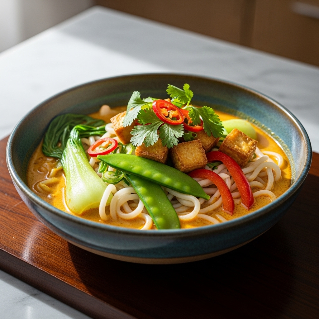 Creamy Vegetarian Laksa with Crispy Tofu and Lemongrass Broth (Vegan)
