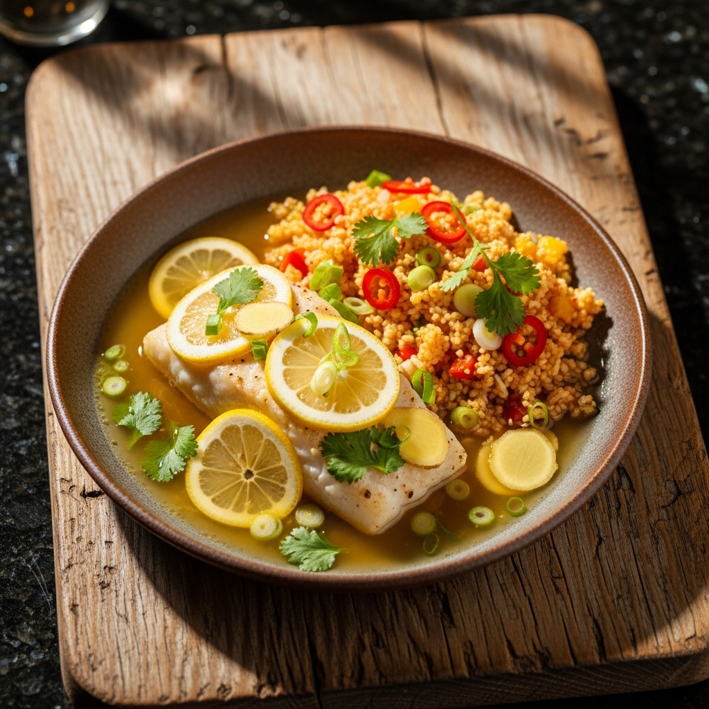 Keto Steamed Black Cod in Lemon-Ginger Broth with Spicy Coconut Cauliflower Rice
