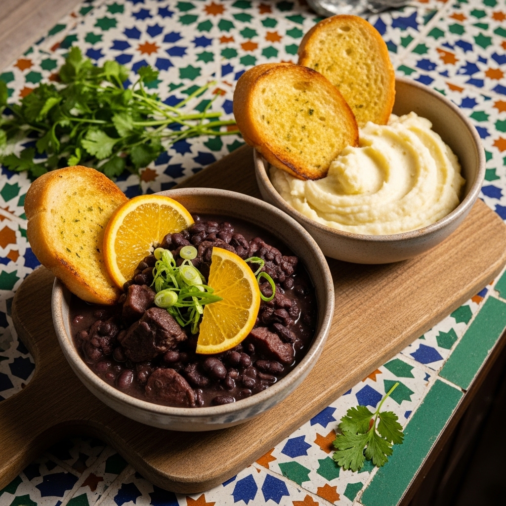 Authentic Brazilian Brunch: Feijoada with Creamy Mashed Cauliflower & Garlic Toast