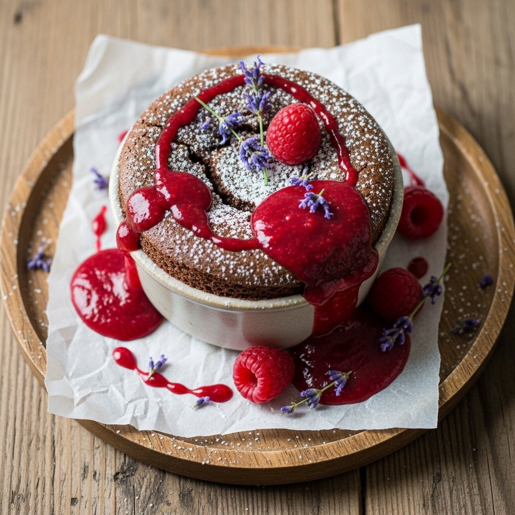 Aphrodisiac Chocolate Soufflé with Raspberry-Lavender Coulis
