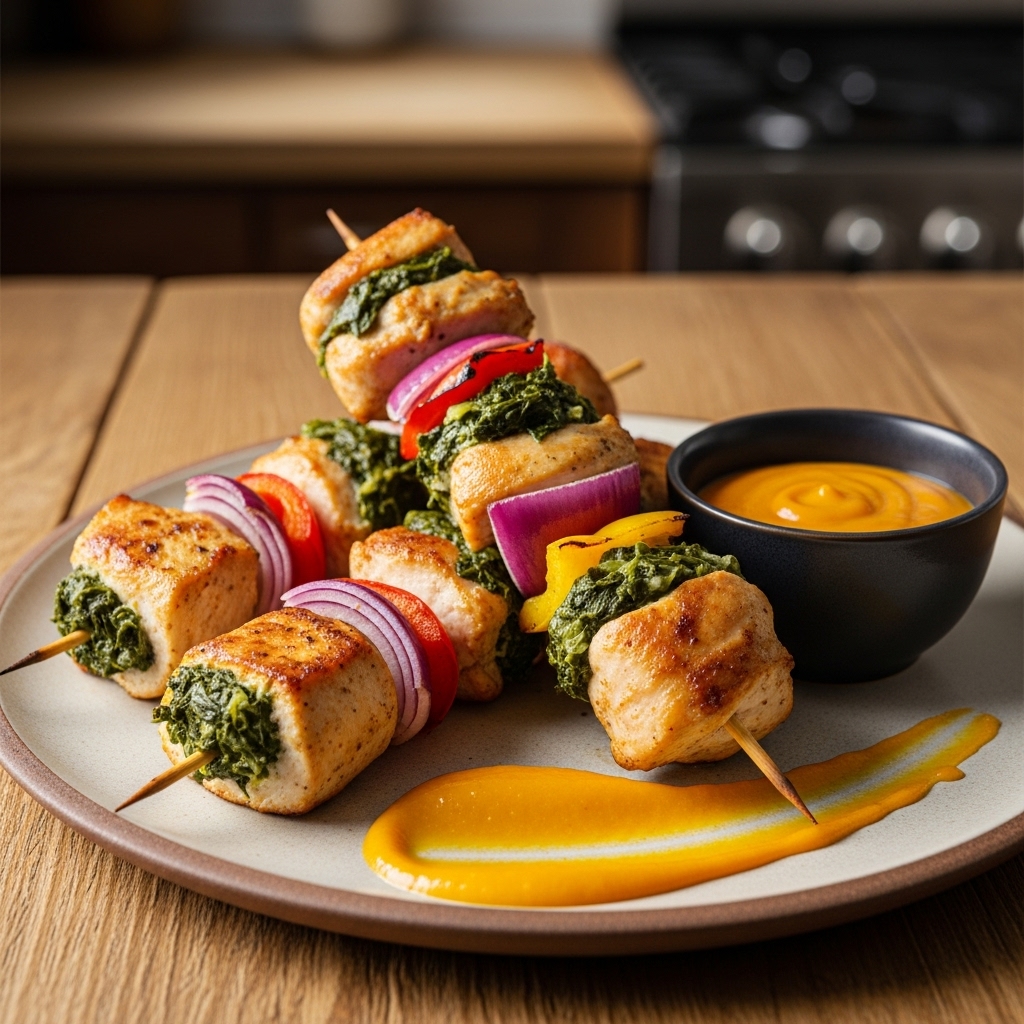 Aromatic Kenyan Gluten-Free Sukuma Wiki Stuffed Chicken Breast Skewers with Mango Dip