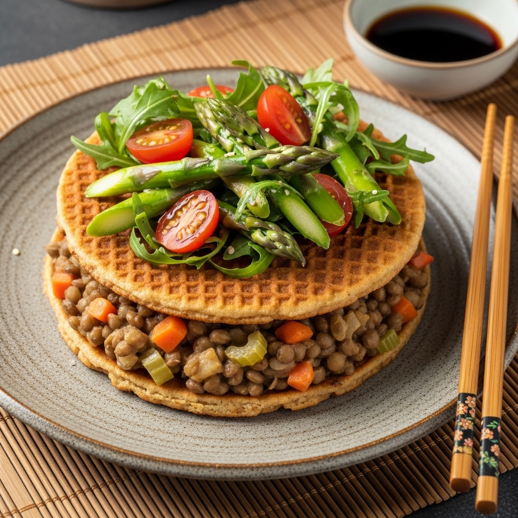 Dutch Vegan Delight: Mushroom Stroopwafel with Creamy Lentil Ragout and Asparagus Salad