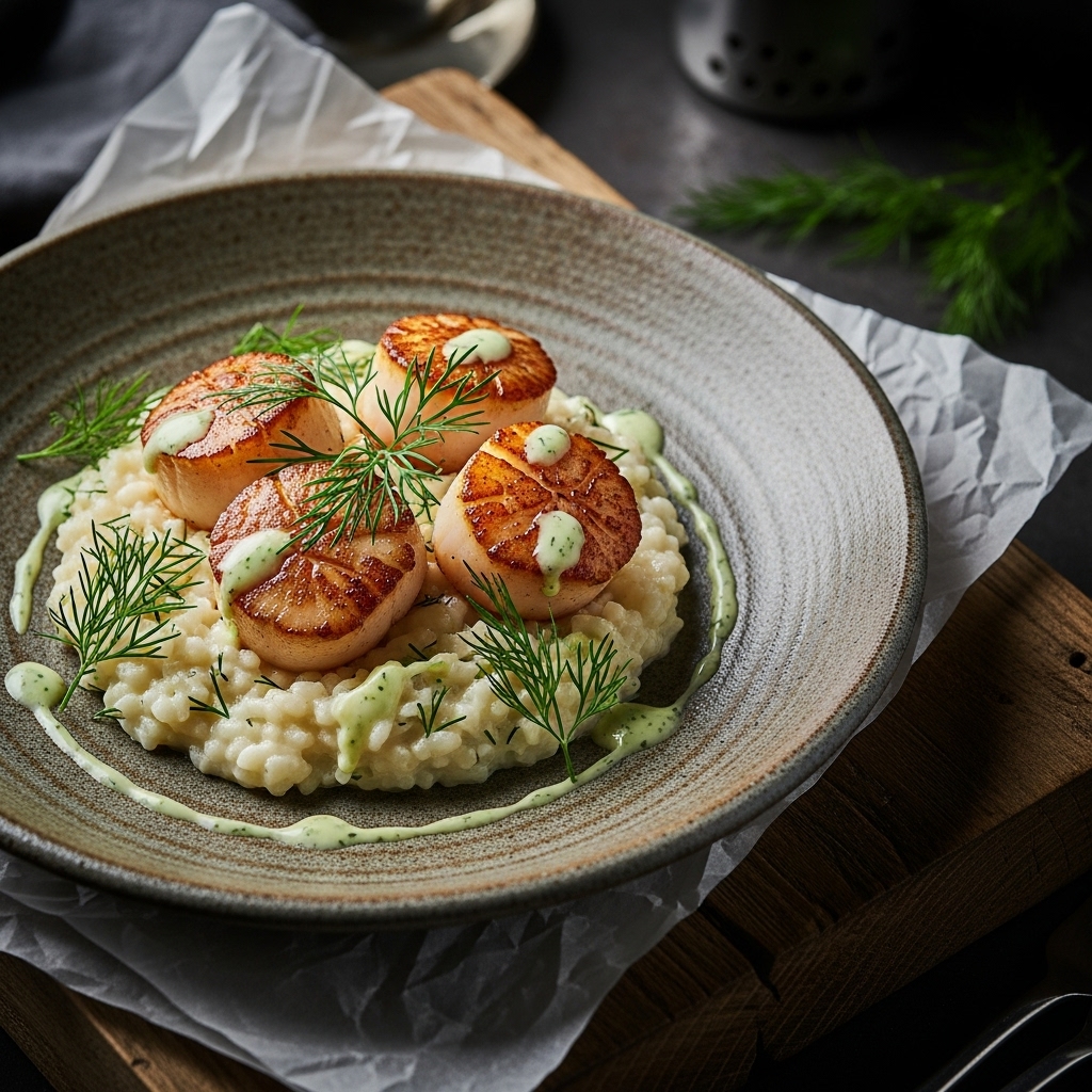 Keto Nordic Seafood Delight: Scallop & Cauliflower Risotto with Dill Cream Sauce