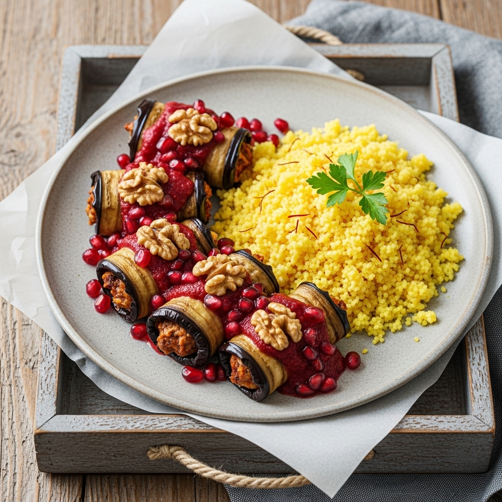 Divine Vegan Turkish Dinner: Sumptuous Stuffed Eggplant Rolls with Walnut-Pomegranate Sauce and Saffron Couscous