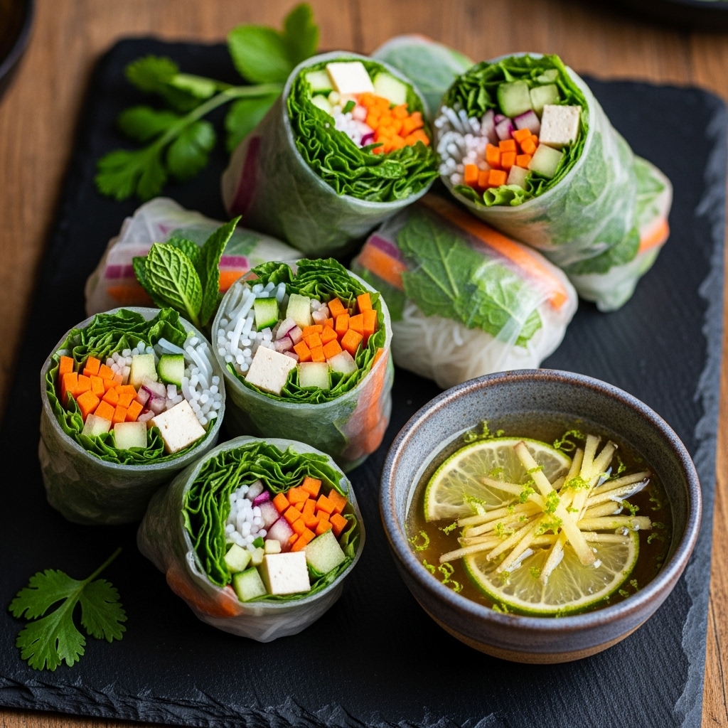 Rejuvenating Vietnamese Vegan Rice Paper Rolls with Citrus-Ginger Dipping Sauce