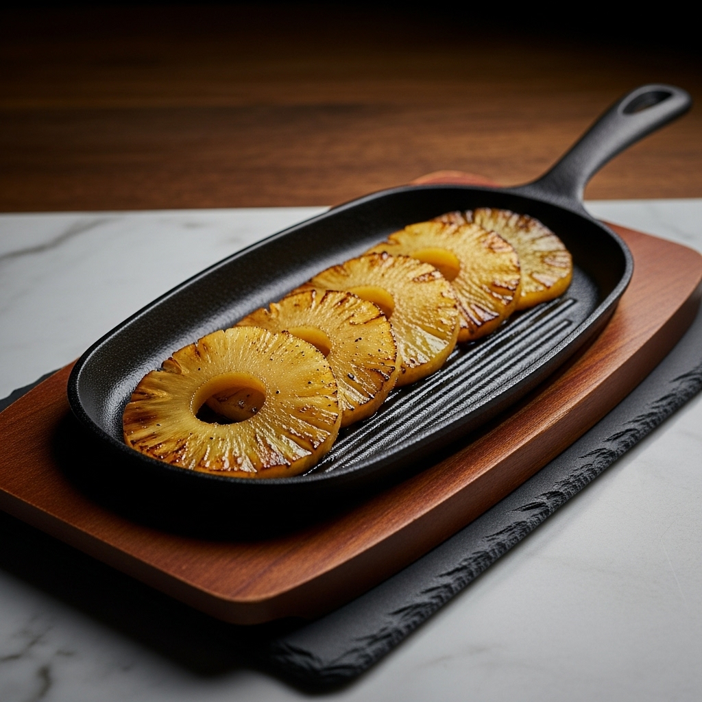 Smoky Chipotle Pineapple Rings on Sizzling Cast Iron Skillet