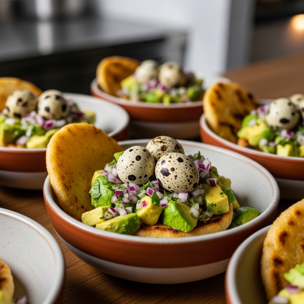 Aromatic Colombian Brunch: Mouthwatering Arepa Bowls with Avocado Salsa & Quail Eggs