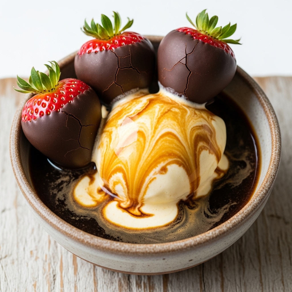 Amaretto Affogato of Velvet Chocolate Dipped Strawberries