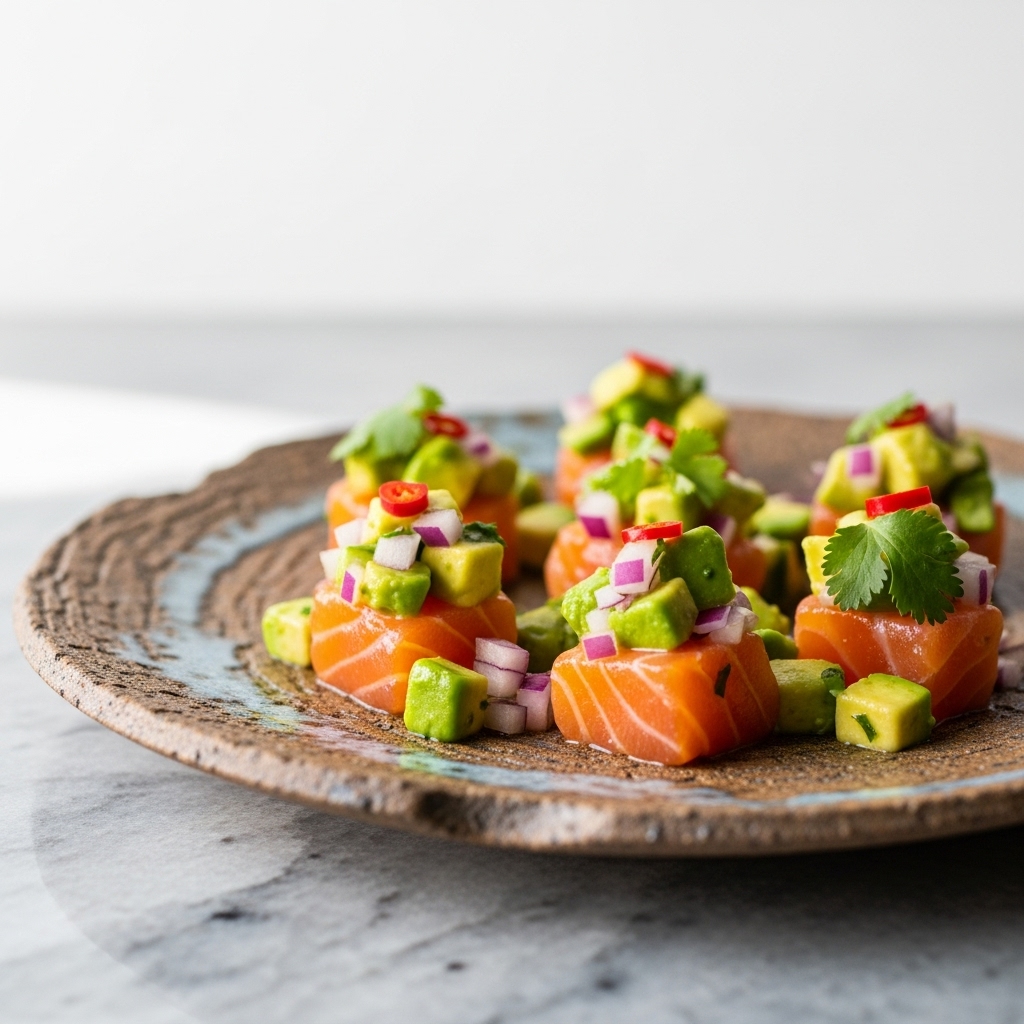 Peruvian Ceviche-Inspired Paleo Snack: Citrus Cured Salmon Bites with Avocado Salsa