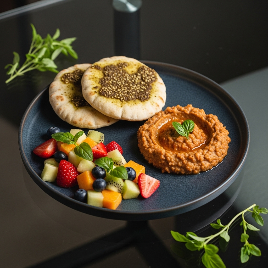 Egyptian Breakfast Delight: Gluten-Free Ful Medames, Zatar Pita Bread, and Fresh Fruit Salad