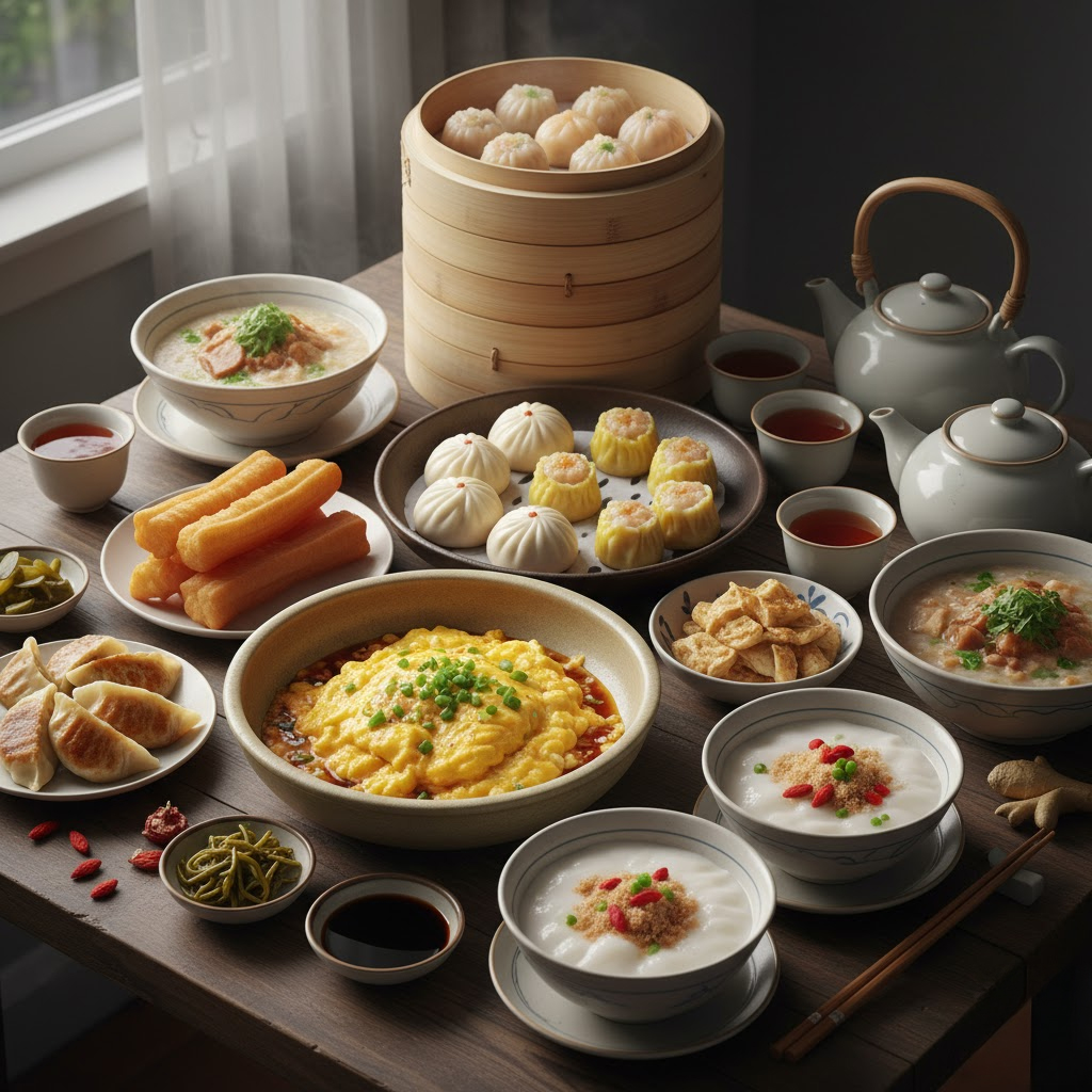 Chinese Breakfast Feast: Mouthwatering Dim Sum Tower with Scrambled Eggs & Soy Milk Pudding