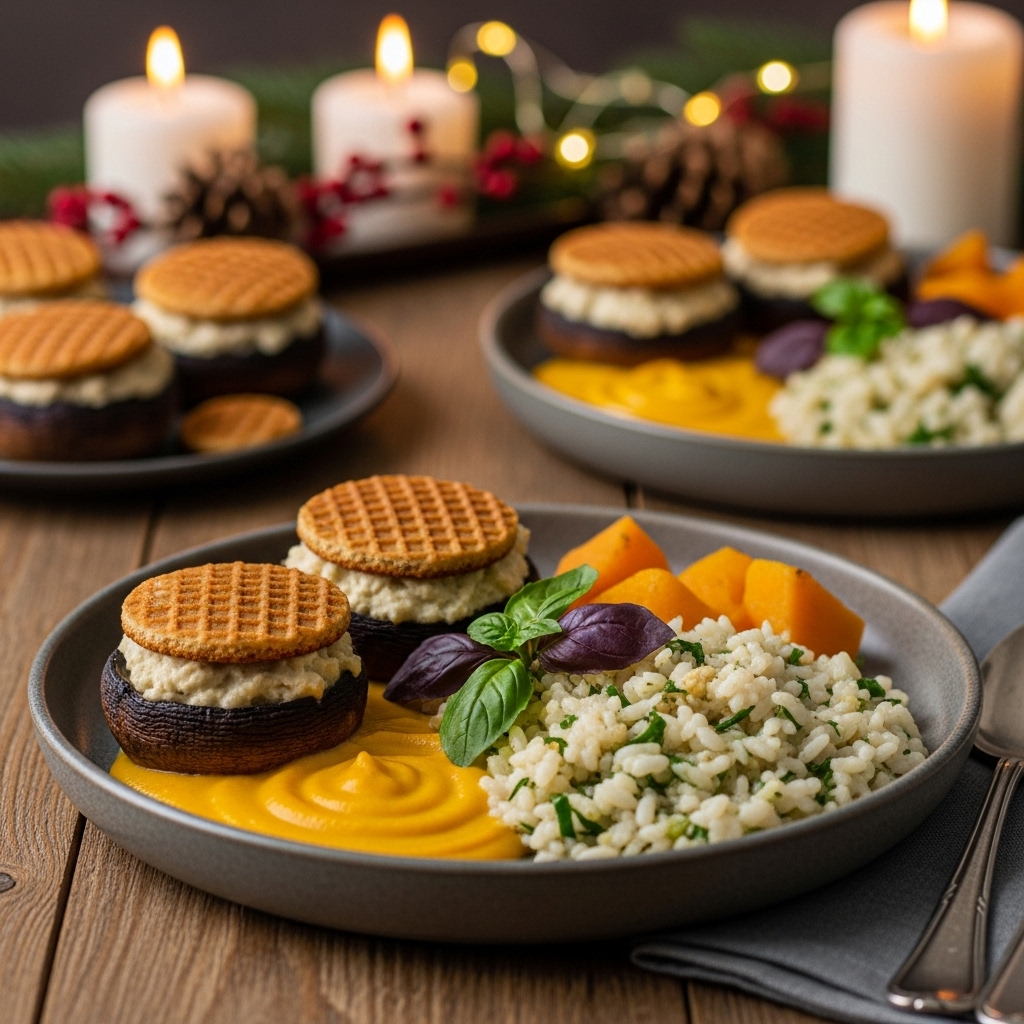 Aromatic Dutch Vegetarian Feast: Creamy Stroopwafel-Stuffed Mushrooms, Butternut Squash Velouté, and Herb-Infused Risotto