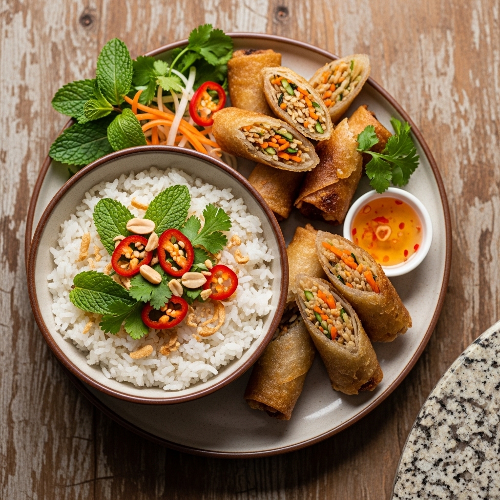 Mouthwatering Vietnamese Vegetarian Dinner: Crunchy Spring Rolls & Creamy Coconut Rice Bowl