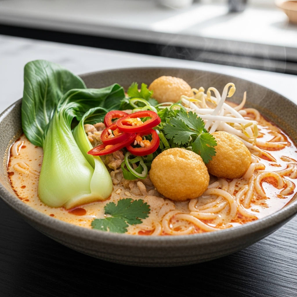 Mouthwatering Vegan Malaysian Laksa Soup with Coconut Noodles – A Cinematic Experience