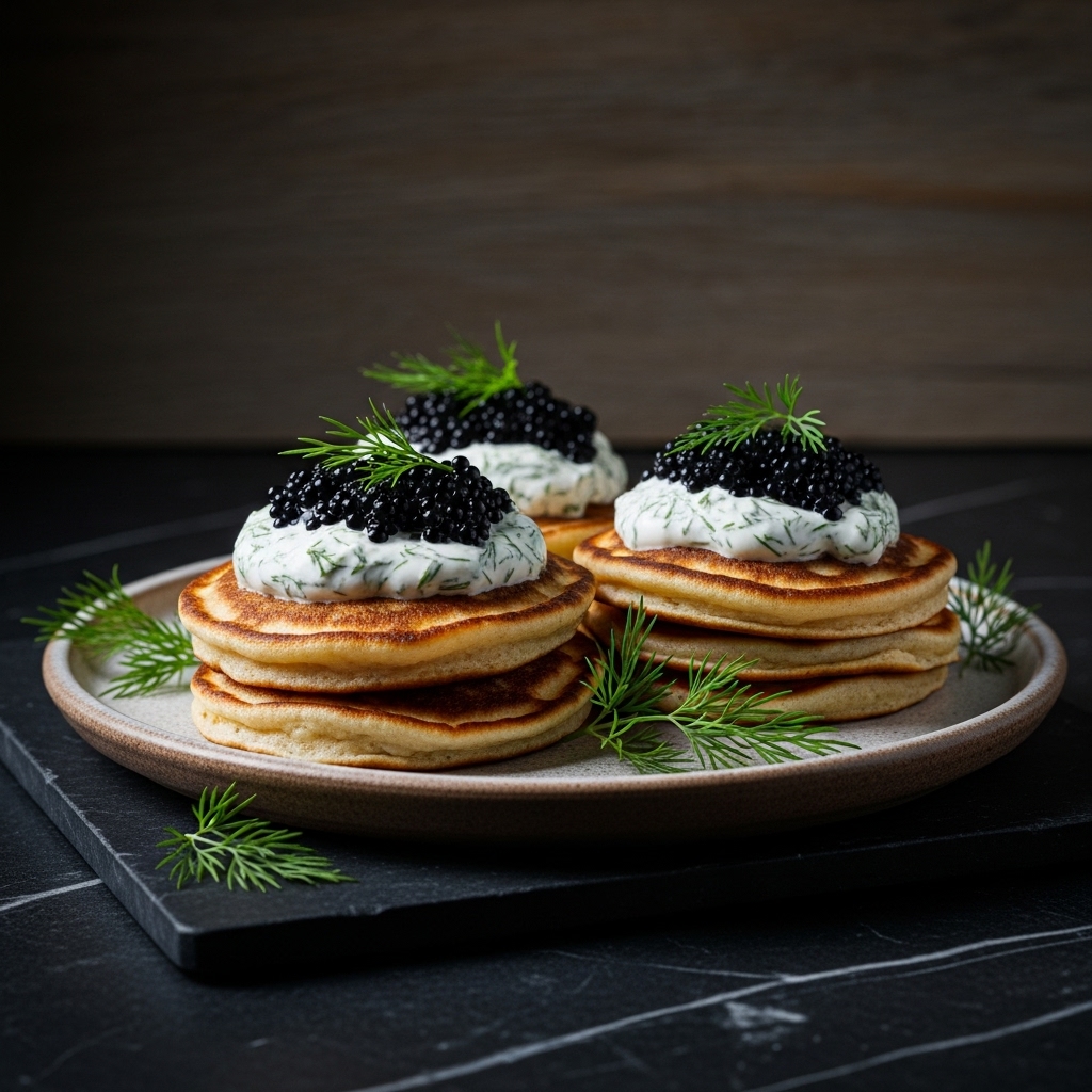 Sumptuous Vegan Russian Brunch: Mushroom Blini with Caviar and Dill Cream